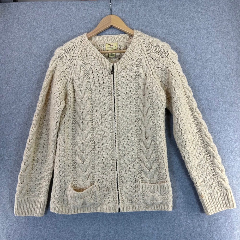 Limited America Hand Knit Cream‎ Cable Knit Wool Zip Up Cardigan Sweater Medium